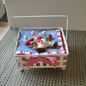 Vintage White Metal Bev Nap holder w/ Snowman weight & napkins